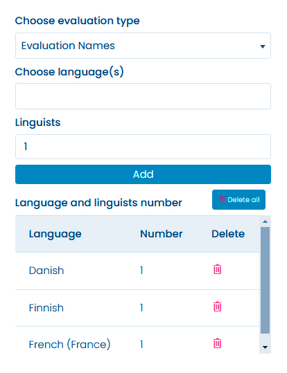Select evaluation type - languages - linguists